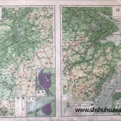 40年代民国地图 正面浙江、江西 背面湖北、湖南 等高线分层设色 包老保真