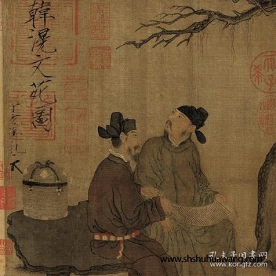 五代 琉璃堂人物图 周文矩 作品尺寸37.4×58.5cm 绢本 设色 国画宣纸绢布艺术微喷画芯 名画复制 原作版画