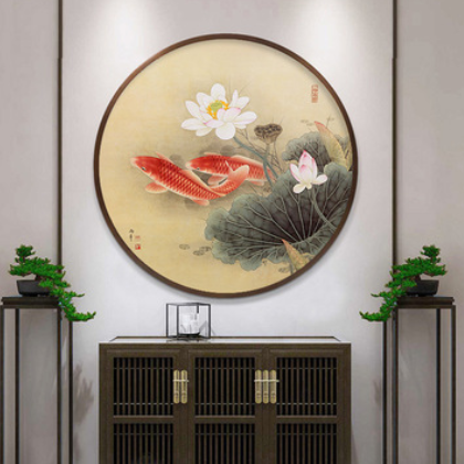 可买1件 圆形花鸟国画新中式电表箱玄关客厅餐厅风水鱼装饰挂壁画