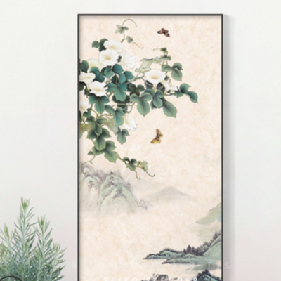 必画新中式水彩蝴蝶喇叭花山水装饰画铝合金外框挂画客厅背景壁画