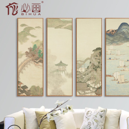 仕女图新中式装饰画 客厅山水壁画四联画中国风酒店过道玄关挂画