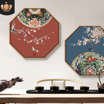 新中式客厅玄关装饰画禅意花鸟八边形挂画中国风民宿茶室墙面壁画