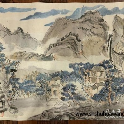 【铁牍精舍】【名家字画】水墨设色朱石基《山水人物》软片，朱石基作品流传绝少， 56x47.8cm。朱石基（1922—2000）曾用名朱士基，别名朱重一，湖北武昌人，擅美术理论。1942年在重庆就读于国