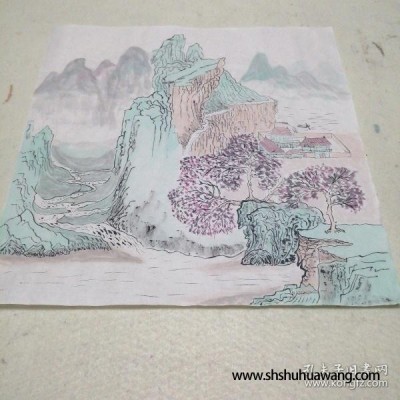 手绘青绿山水画