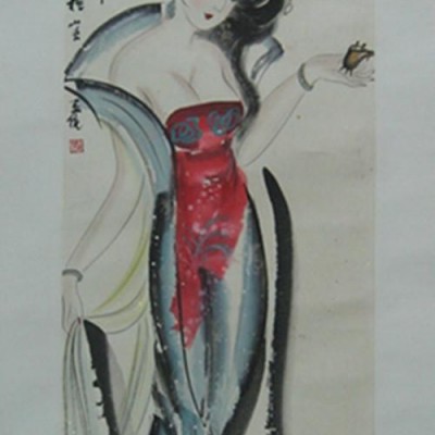 【45—1】马逸然（中国书画艺术名家）《桃花流水倍相親》人物画 长103宽32厘米 保证手绘 该画是逸然画家写於山东画院 原装原裱镜片 品相如图