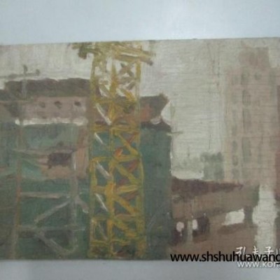肖 晓 文 作品 木制油画一幅 盖楼 尺寸20.5/13.5厘米