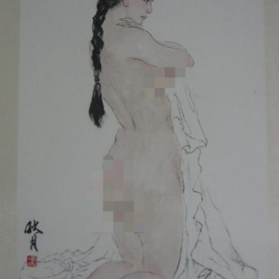 【8—107】黄亮伟（中国岭南著名国画大师黄幻吾的侄 肇庆书美协会员）《人体艺术美－秋月》40x67(cm)原装原裱镜片 纯手工绘画 宣纸 该画来自书画艺术名家本人 画边撕裂破损 品相如图 