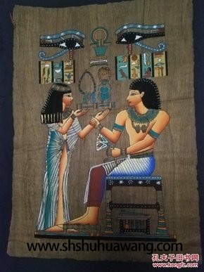 埃及法老艳后两彩头像，埃及国粹特色草纸画，彩绘有阿拉伯风格，精美