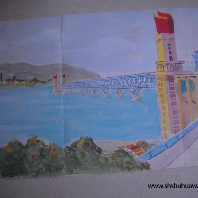 70年代水粉画一张：南京长江大桥（55X109)CM【难得稀见】