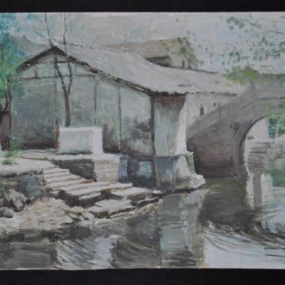 【李白丁】江南风景 小桥流水 纸板水粉画