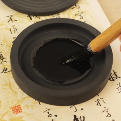 三岁书生源头厂家定制原石带盖学生书法罗纹歙砚墨池四寸墨海砚台