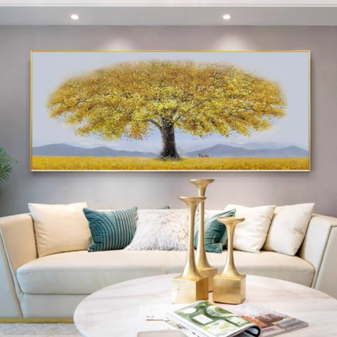 客厅发财树装饰画沙发背景墙画轻奢手绘油画现代简约横版壁画大气