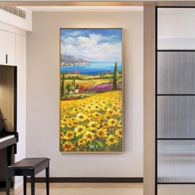 玄关手绘装饰画向日葵竖版手绘立体油画酒店壁画走廊过道挂画